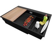 Primagran fregadero cocina negro 78x53cm, fregadero granito 1 seno + sifón + accesorios, fregadero sobre encimera al mueble 80cm - oslo max