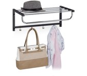 Relaxdays perchero de pared con estante, toallero 4 ganchos, baño, recibidor, pasillo, metal, 25 x 60 x 32,5 cm, negro