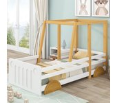 Cama para coche, cama para jeep, cama infantil con ruedas de mdf, estructura de pino, blanco + madera (90x200cm)