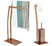 Relaxdays set escobillero portarrollos y toallero de pie rectangular wimedo, 2 unidades, acero inoxidable, cobre