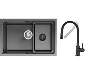 Fregadero de 1 seno 68×43cm negro empotrado con lavabo + grifo mezclador de cocina flexible, 2 tipos de chorros, grifo extraíble negro