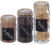 Relaxdays set 3 tarros de almacenamiento, 600, 1000 y 1200 ml, frascos cristal con tapa, botes herméticos, transparente