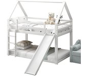Cama infantil en forma de casa con tobogán y escalera, blanco, 90x200cm