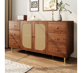 Aparador con 2 puertas de ratán y 6 cajones - 160 x 40 x 90 cm - madera mdf y patas de metal dorado - para cocina, hogar - marrón