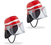 Relaxdays 2 cascos de bombero para niños, contorno ajustable, visera abatible, cubrenucas, 24,5x22,5x28 cm, rojo