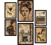 Set de 6 vintage life. wine, train shoes, radio, woman. wine, train shoes radio woman cuadros con ilustración de diseño para decorar a3 a4 marco negro