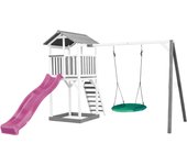 Axi beach tower parque infantil con tobogán púrpura, columpio nido de pájaro verde y cajon de arena | casa grande para niños al aire libre en gris y