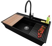 Primagran fregadero granito negro 88x53cm, fregadero cocina 1 seno + sifón + accesorios, fregadero sobre encimera al mueble 90cm - oslo pocket