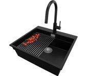 Primagran fregadero granito negro 58x53cm, fregadero cocina 1 seno + sifón + accesorios, fregadero sobre encimera al mueble 60cm - oslo max