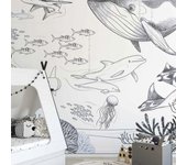 Papel pintado panorámico océano y animales marinos blanco 225x250cm