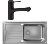 Fregadero de 1 seno hansgrohe s44 de acero inoxidable + grifería de cocina con ducha hansgrohe zesis m33 150 de 2 chorros negro mate