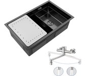 Fregadero de cocina de 1 seno 70×44×21cm fregadero de acero inoxidable negro con escurridor y lavabo + mezclador de cocina de pared con 2 chorros