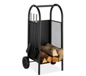 Relaxdays leñero con accesorios de chimenea, soporte portátil, pala para cenizas, cepillo & atizador, negro