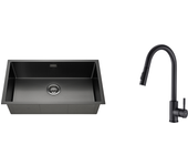 Fregadero cocina 1 bandeja 74*44*20cm,inoxidable cepillado con sifón y demasiado lleno + grifo de cocina negro,inox extraíble giratorio 360 °