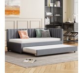 Cama individual 90x200 cm con cama nido - tapizada en terciopelo con somier de láminas - gris