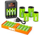 100% peakpower cargador de pilas aaa y aa super rápido 2-6 horas - incluye 8 pilas recargables aa de 2300 mah, 4 pilas recargables aaa 800 mah, 2 ada