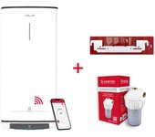 Termo eléctrico inteligente, ariston, velis pro wifi 100l + filtro antical + soporte de pared, vertical u horizontal, clase a