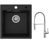 Fregadero cecipa max 40x45 cm en cuarzo y resina fregadero de cuarzo 1 seno negro + mezclador de cocina con resorte cepillado y ducha extraíble