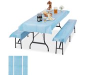 6 manteles, antimanchas, fundas para mesa y bancos de jardín, 250x100 cm, blanco & azul
