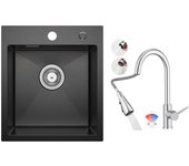 Cecipa max fregadero de cocina negro 40*45cm - fregadero de acero inoxidable fregadero de 1 seno + grifo de cocina mezclador con ducha extraíble, cepi