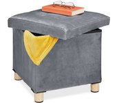 Relaxdays taburete de terciopelo con bandeja, tapa con bandeja, patas de madera, puff cuadrado, 35x38x38 cm, gris claro