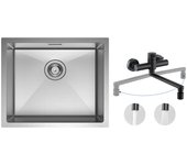 Fregadero de cocina fregadero de acero inoxidable cepillado de 1 seno 50 * 44 cm + mezclador de cocina de pared con 2 chorros negro