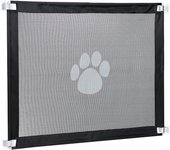 Relaxdays valla protectora mascotas, puerta y escaleras, 80x99 cm, plástico y nailon, para pegar o taladrar, negro