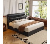 Cama con almacenaje elegante de 90 x 200 cm - estante oculto en el cabecero - polipiel - somier de láminas - negro