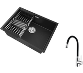 Auralum max fregadero cocina 1 bandeja 60*44*20cm,inoxidable 304, empotrado/subplano con cesta drenaje,negro+grifo cocina con casco flexible,abatable