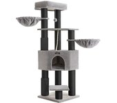 Árbol para gatos grande con almohadillas autocalentables, torre estable para gatos grandes, cueva, cuerda de sisal, gris y negro