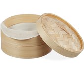Relaxdays vaporera de bambú, dos pisos, para dim sum, arroz & verduras, cestillo, ø 26 cm, 1 ud., marrón