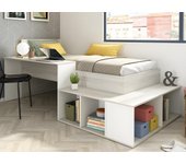Cama compacta 90 x 200 cm con almacenamiento y escritorio - color: natural y blanco + colchón + somier - rigali