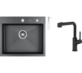 Fregadero cocina 1 bandeja 55*45cm negro+grifo de cocina negro, inox extraíble giratorio de 360 °, 2 funciones con babbler demotable