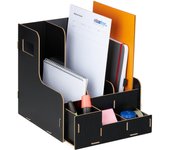 Relaxdays archivador, 3 compartimentos, formato a4, revistero, organizador material escritorio, oficina, mdf, negro