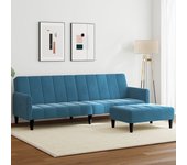 Sofá cama de 2 plazas con reposapiés de terciopelo azul.