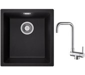 Cecipa max fregadero 1 seno en cuarzo y resina negro gris 40*44*20cm + grifo de cocina abatible mezclador de fregadero abatible cepillado