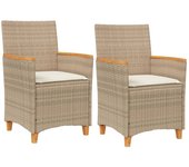 2 piezas sillas de jardín | silla de exterior | sillon jardín con cojín ratán pe beige y madera acacia cfw600555
