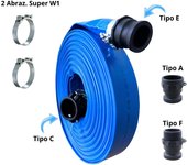 Manguera plana 25mm tramo 20 metros , con acoples camlock de pp. tipo a,c,e,f + 2 abrazaderas super w1