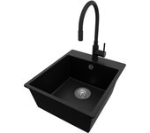 Primagran fregadero granito negro 43x50cm, fregadero cocina 1 seno + grifo 40x13cm + sifón, fregadero sobre encimera al mueble 45cm - riga