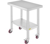 Mesa de trabajo de cocina de acero inoxidable vevor, 30 x 18 x 34 pulgadas, 2 niveles con ruedas