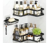 Estante de ducha sin perforaciones, estante de esquina para baño de 3 piezas con jabonera y soporte para gel de ducha