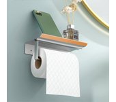 Portarrollos de papel higiénico plateado de aluminio (perforado/no perforado) para montaje en pared con amplios estantes para baños y cocinas.