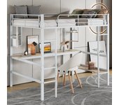 Cama alta 90 x 200 cm con escritorio y estantes de almacenamiento - metal - somier de láminas - blanco