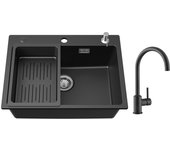 Fregadero de cuarzo negro con escurridor y dispensador de jabón 60*45 cm + grifo de cocina monomando de acero inoxidable negro