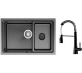 Fregadero de 1 seno de 68 × 43 cm, color negro, con lavabo y grifo mezclador de cocina con resorte y 3 modos de salida de agua, negro