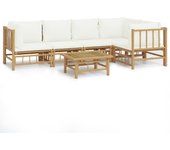 Set de muebles de jardín 6 piezas bambú y cojines blanco crema