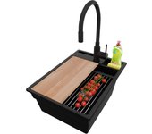Primagran fregadero granito negro 38x53cm, fregadero cocina 1 seno + sifón + accesorios, fregadero sobre encimera al mueble 40cm - oslo pocket