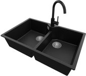 Primagran fregadero granito negro metallic 78x50cm, fregadero cocina 2 senos + sifón + grifo 32x20cm, fregadero sobre encimera al mueble 80cm