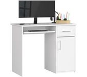 Escritorio: un cajón, 1 puerta, 3 estantes, blanco, 90 cm, alto: 74 cm, fondo: 50 cm,