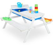 Relaxdays mesa de pícnic infantil para jardín, mesita niños con 2 bancos madera, para juegos con arena y agua, blanco
